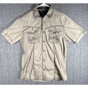 Y2K Roar Distressed Short Sleeve Embroidered Button Down Shirt Size L Beige